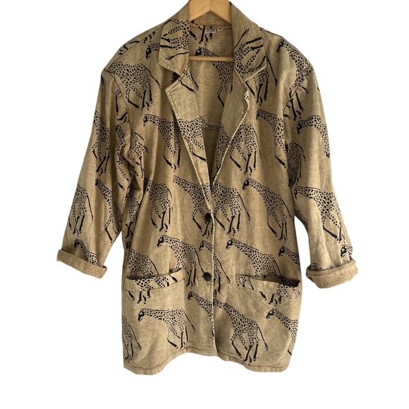 Vintage Medium Cotton Made in India Giraffe Block Print Canvas Blazer‎ Jacket - Picture 1 of 7
